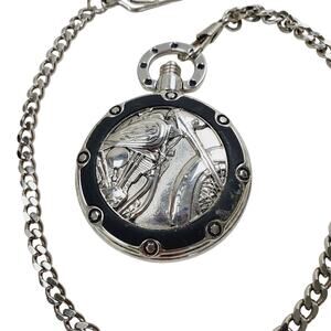 Vintage Motorcycle Biker Majesti Quartz Pocket Watch on Chain Silver & Blk Men's